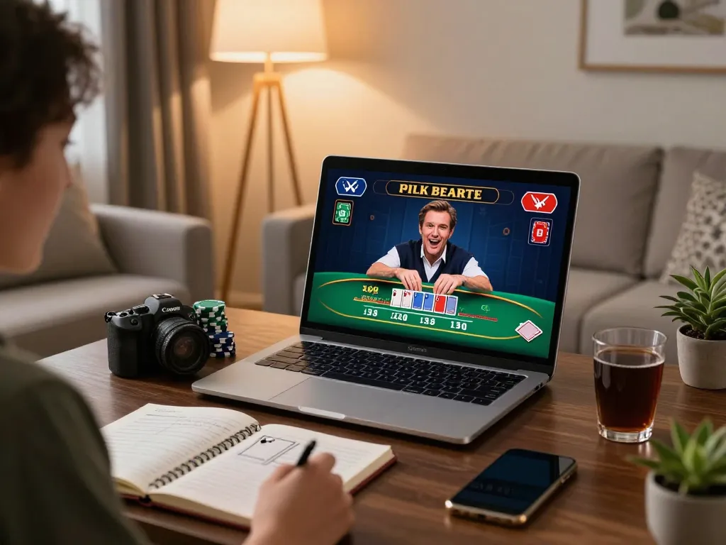 Engaged player experiences live blackjack at home with link fly88, showcasing strategy notes and warm lighting.