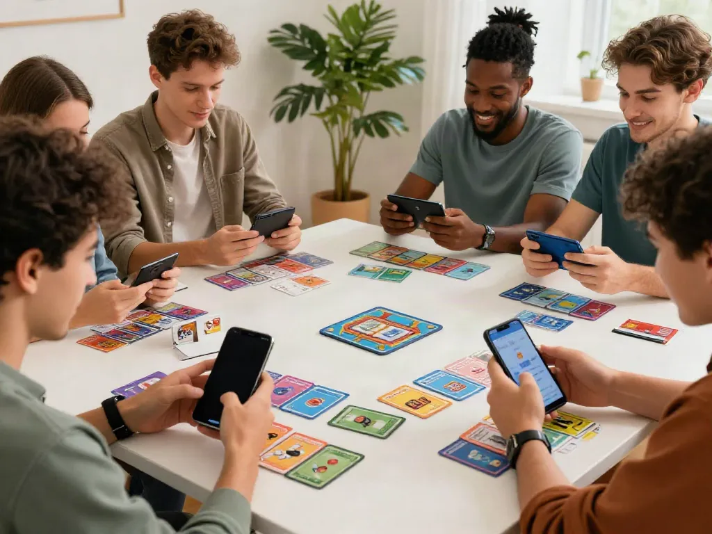 Engaged players enjoying Rumble Rummy on mobile devices, vibrant gaming atmosphere.