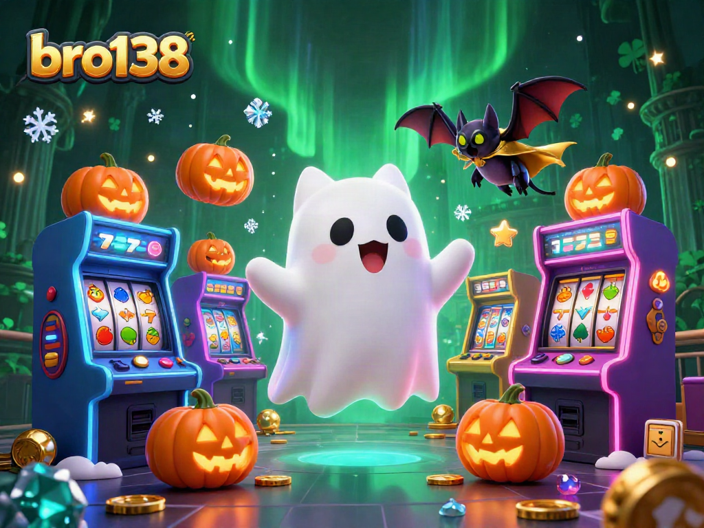 Spin to win with bro138 as a playful ghost cat and glowing poker jack-o-lanterns enhance the casino gaming experience