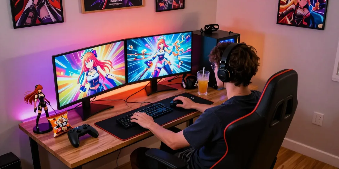 Player enjoying an ecchi game in a vibrant gaming setup.