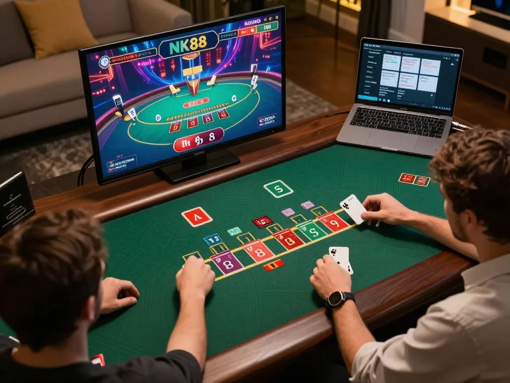 Players engaging in dynamic online blackjack gameplay at nk88 from a cozy environment.