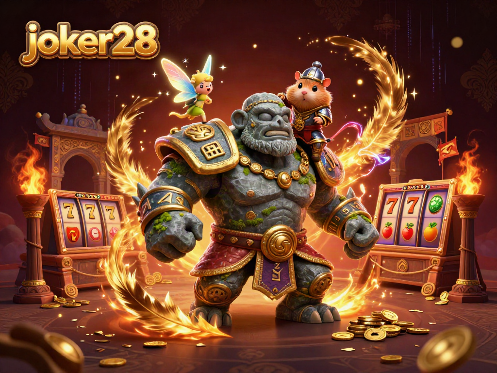 joker28 menampilkan gambar ilustrasi kasino 3D dengan karakter golem dan hamster, penuh warna dan detail.