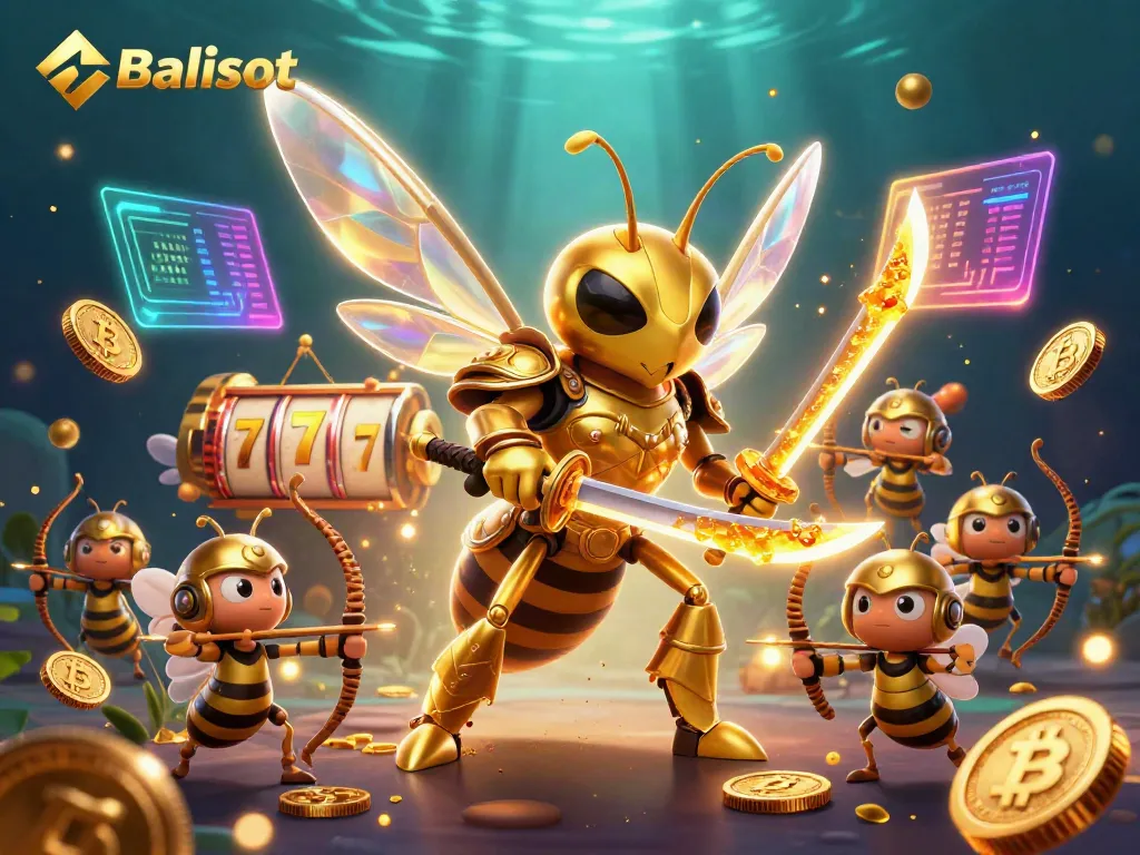 Balislot offers exciting gaming opportunities with a vibrant samurai hornet scene filled with slot reels and digital coins.