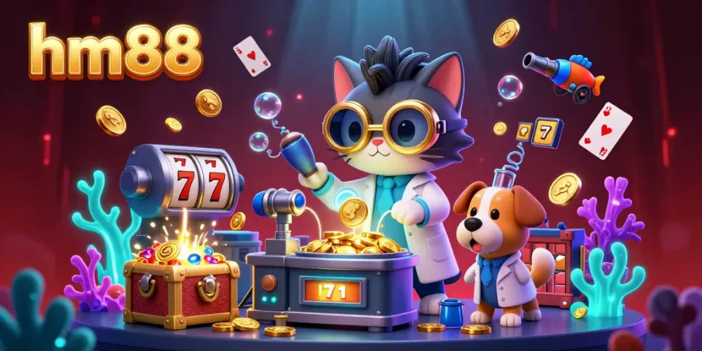 Experience the thrill of gambling with hm88 as a mad scientist cat and loyal dog create wealth in a vibrant casino scene.
