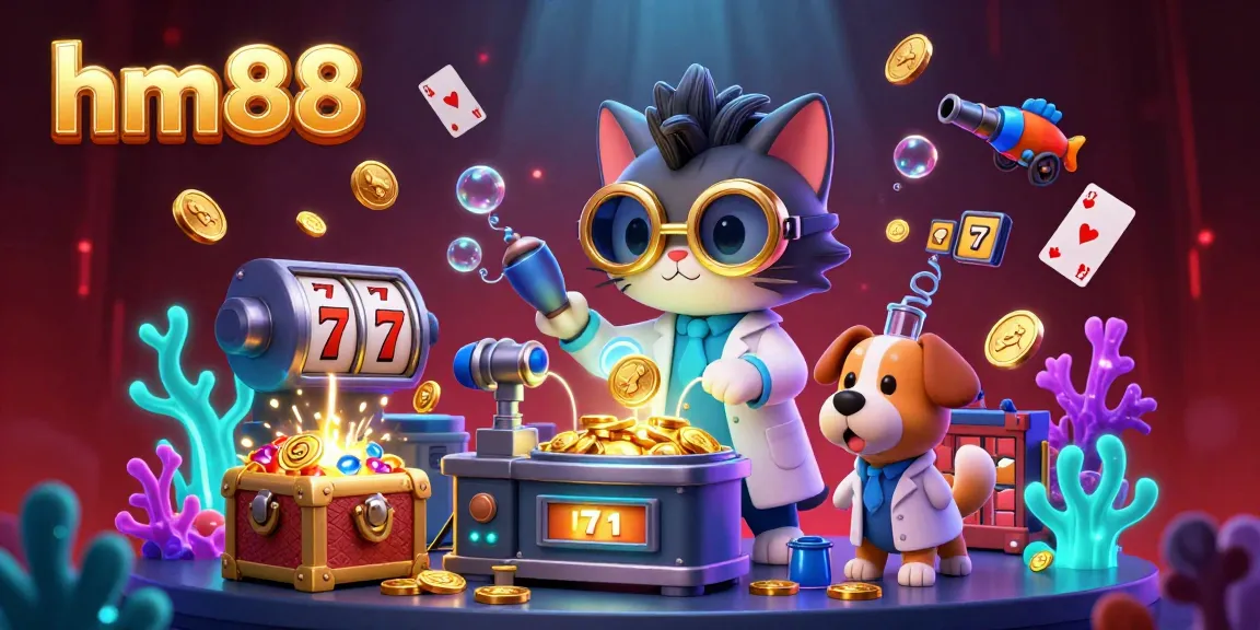 Experience the thrill of gambling with hm88 as a mad scientist cat and loyal dog create wealth in a vibrant casino scene.