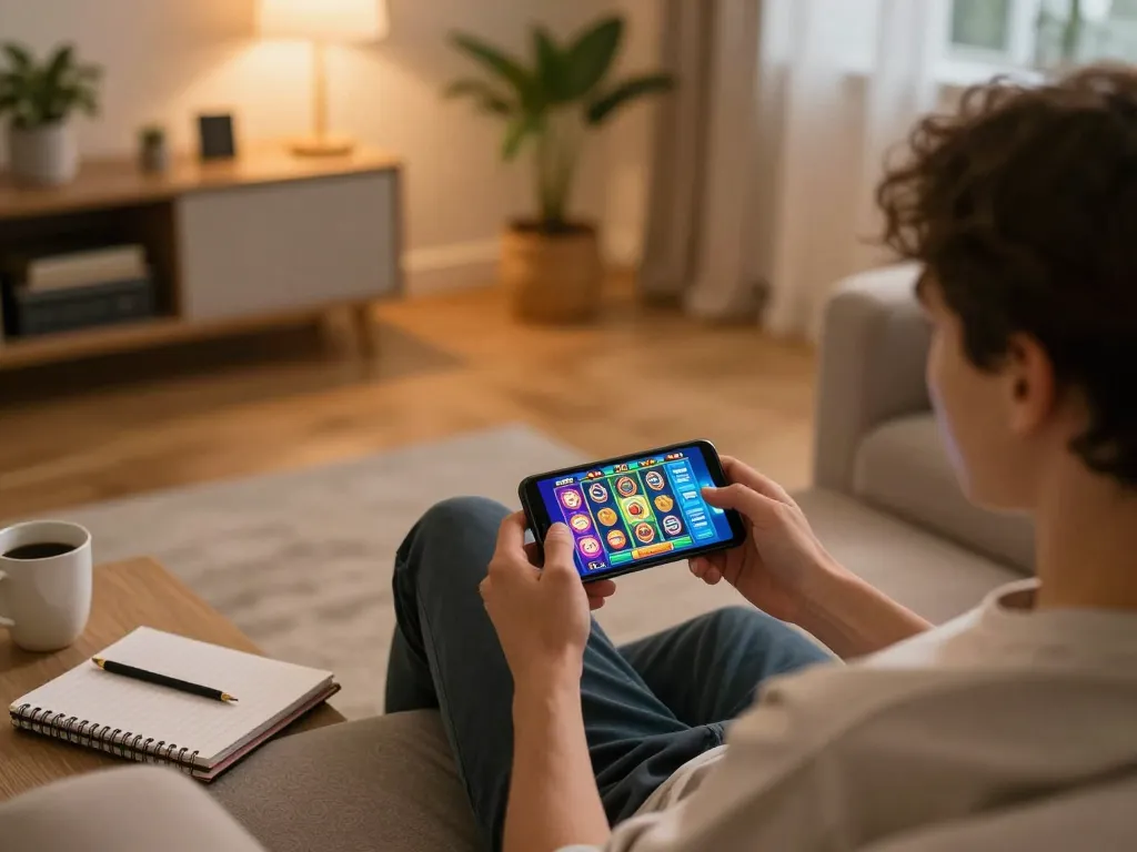 Pemain menikmati pengalaman bermain slot mereka di smartphone dalam suasana rumah yang nyaman.