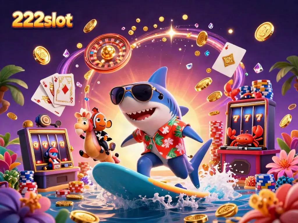 Permainan 222slot dengan hiu kartun dan elemen kasino yang ceria.