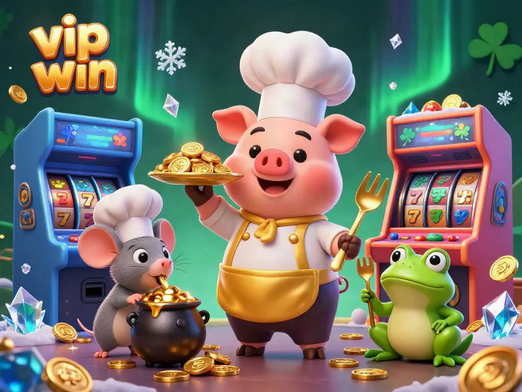Experience vibrant gameplay with the "vip win" 3D cartoon illustration showcasing a chef pig, sous-chef mouse, and critic frog.