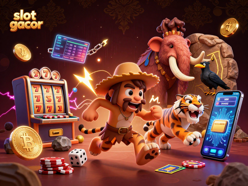 Experience the thrill of slot gacor with a caveman and sabertooth in a vibrant casino scene.