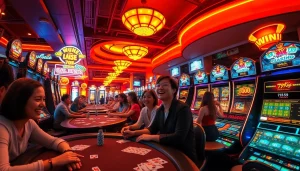 Aufregende Szene bei 79king hn mit einem lebhaften Casino und glücklichen Spielern.