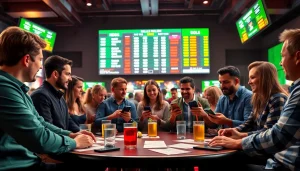 Engaged bettors enjoying sports betting with exciting odds and an energetic atmosphere.
