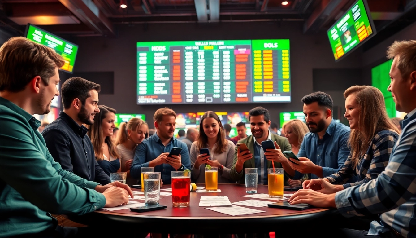 Engaged bettors enjoying sports betting with exciting odds and an energetic atmosphere.