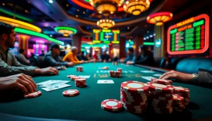 Engaged players at a Casino poker table with colorful chips and dramatic atmosphere.