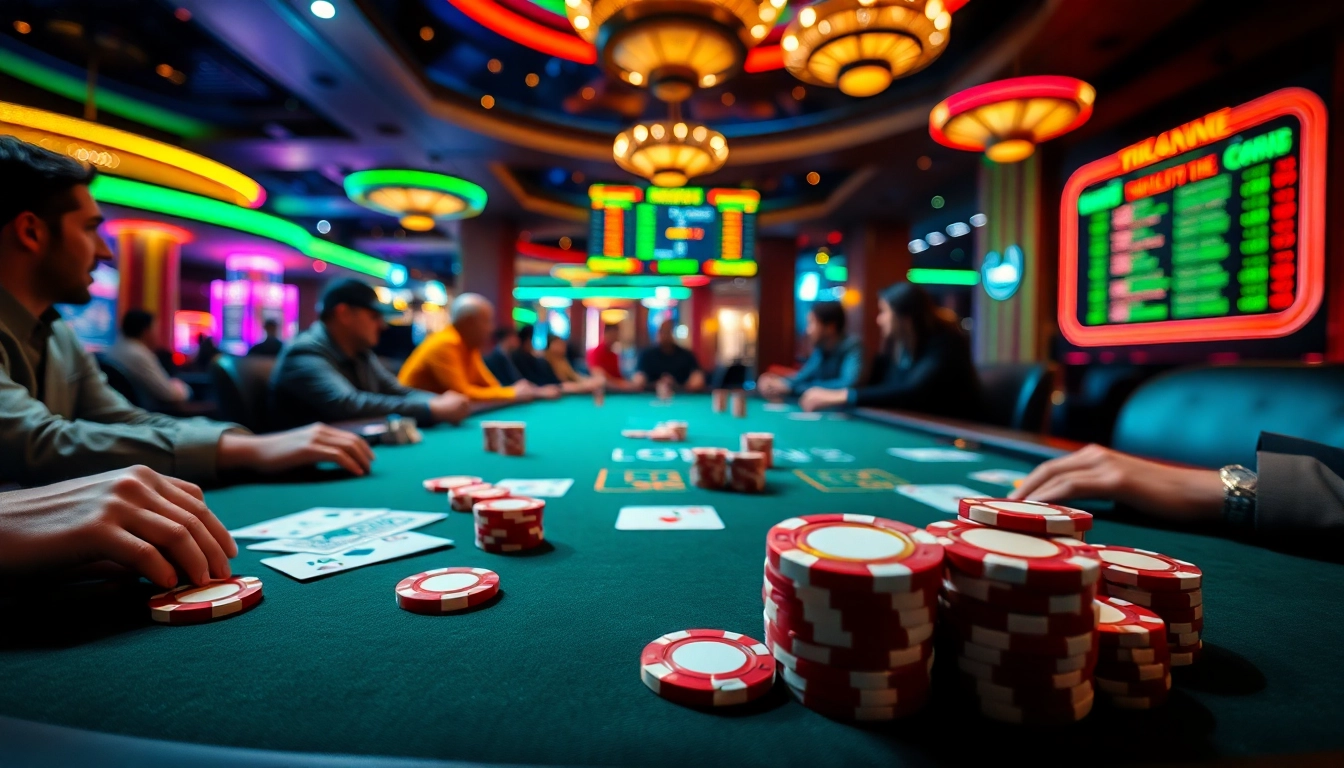 Engaged players at a Casino poker table with colorful chips and dramatic atmosphere.