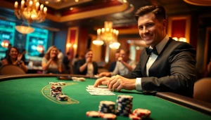 Engaging blackjack casino scene with dealer and players enjoying card games together.