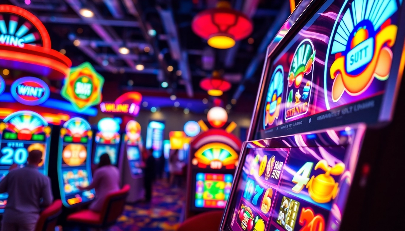 Slot Game yang menarik dengan mesin slot berwarna-warni di dalam kasino yang ramai.