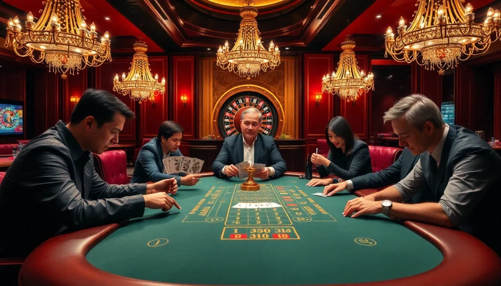 Players engaged in an intense high-stakes poker game at https://xx88.now/ with vibrant casino elements.