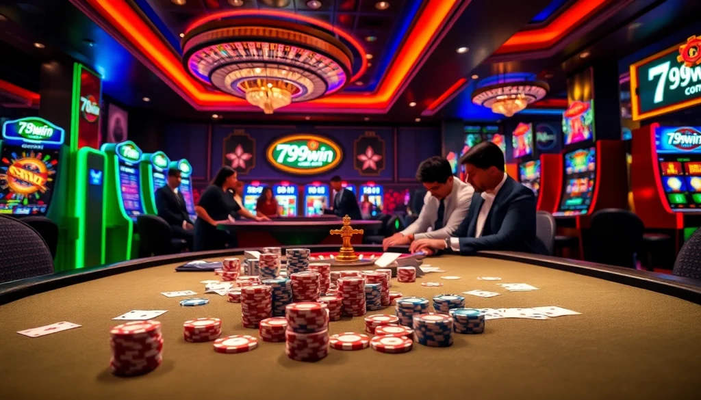 Play exciting games at 789win com with vibrant scene showcasing casino tables and poker chips.
