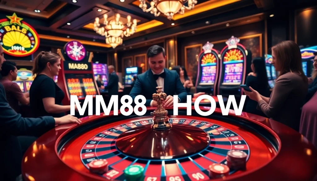 Engaging casino atmosphere with MM88 HOW players enjoying roulette and online gambling excitement.