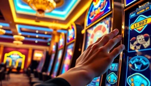 Menggambarkan aksi dari luxury777 game dengan tangan pemain bersemangat di depan mesin slot mewah.