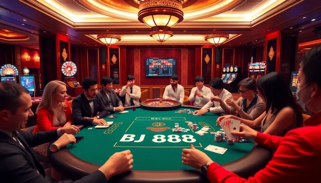 Engaged players at BJ 888 poker table enjoying a thrilling casino experience with vibrant colors.