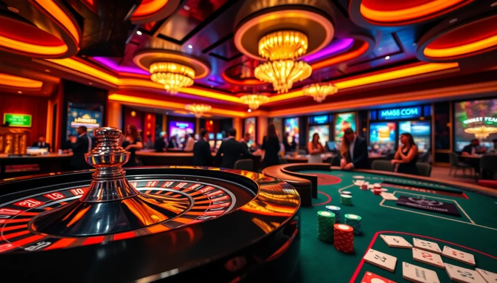 Engaged players at a vibrant casino table undermining MM88COM's thrilling gambling experience.