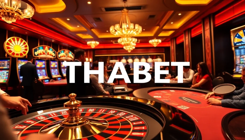 Thriving gambling scene featuring THABET logo with players at a roulette table and vibrant slot machines.