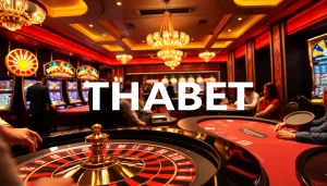Thriving gambling scene featuring THABET logo with players at a roulette table and vibrant slot machines.