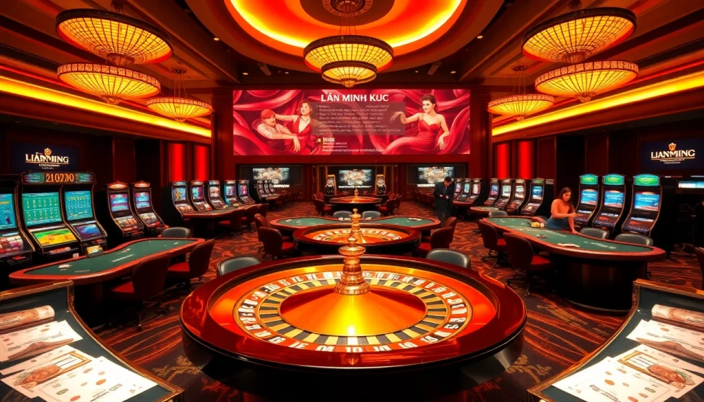 Exciting casino scene with vibrant elements of LIÊN MINH KJC including tables, chips, and digital screens.