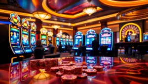 Players enjoying thrilling moments at a vibrant 슬롯사이트 with colorful slot machines and exciting wins.