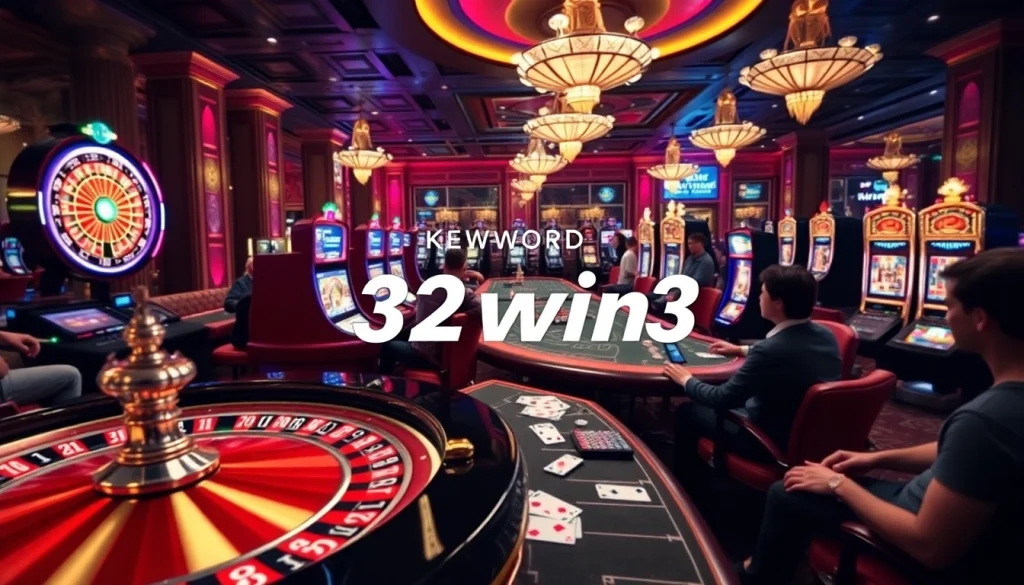 Engaging scene of players enjoying games at 32win3 casino with roulette and slot machines.