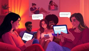 Engaging scene of diverse individuals enjoying sex chat on various devices in intimate settings, capturing warm tones and playful interaction.