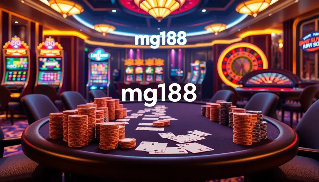 Winning at mg188's vibrant casino table with cards, chips, and a roulette wheel