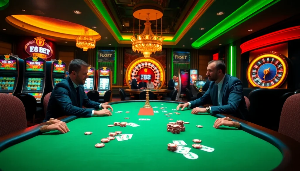 Exciting F8 BET gaming scene with poker players and slot machines in a luxurious casino.