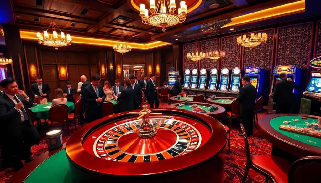 Scene depicting a luxurious casino atmosphere showcasing thrilling games, emphasizing nhà cái uy tín.