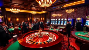 Scene depicting a luxurious casino atmosphere showcasing thrilling games, emphasizing nhà cái uy tín.