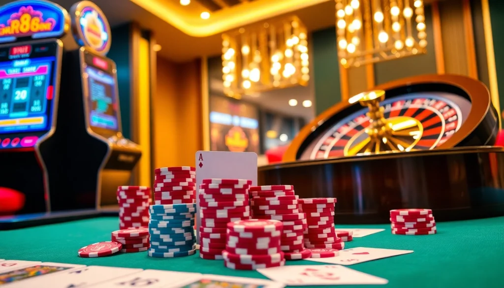 Place your bets at RR 88's vibrant casino scene with poker chips, a roulette wheel, and a glowing slot machine.