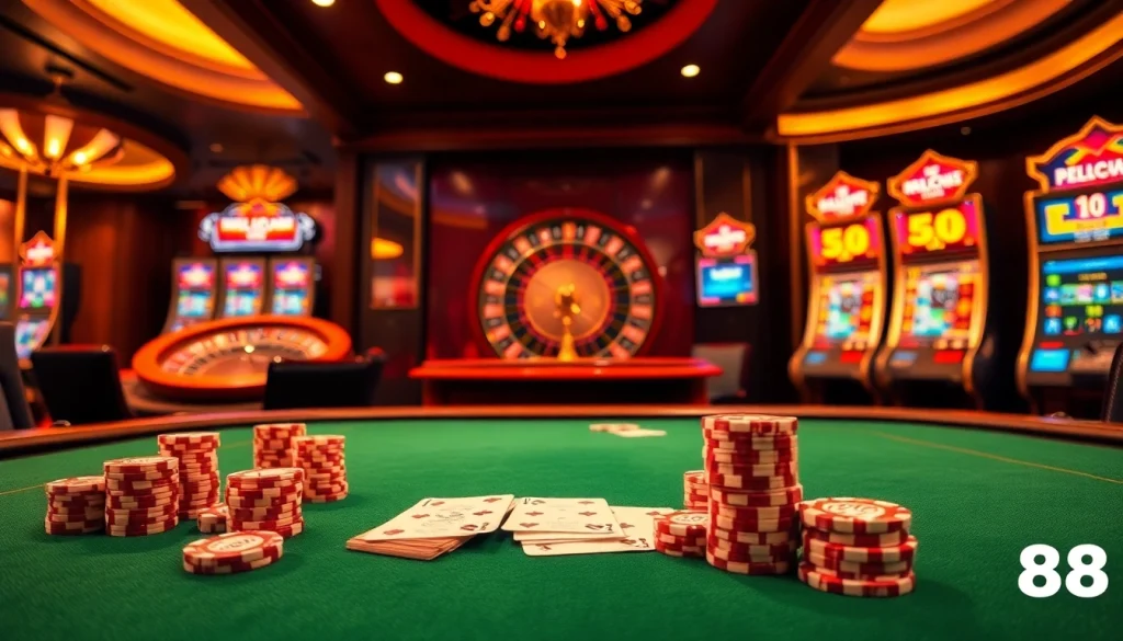 Hello88 poker table surrounded by vibrant slot machines and a spinning roulette wheel, embodying a thrilling casino atmosphere.