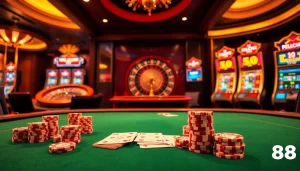 Hello88 poker table surrounded by vibrant slot machines and a spinning roulette wheel, embodying a thrilling casino atmosphere.