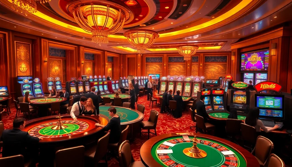 Engaged players enjoying gaming tables and slot machines while connected to Hi88.com betting.