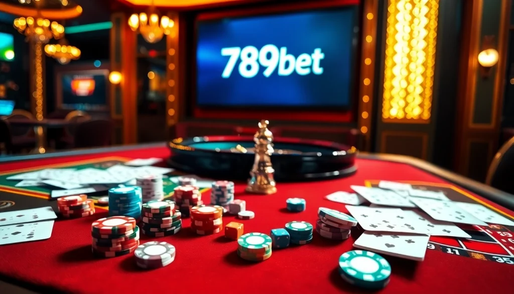 Enjoy thrilling gameplay at 789bet with an elegant casino setting filled with roulette wheels and poker chips.