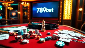 Enjoy thrilling gameplay at 789bet with an elegant casino setting filled with roulette wheels and poker chips.