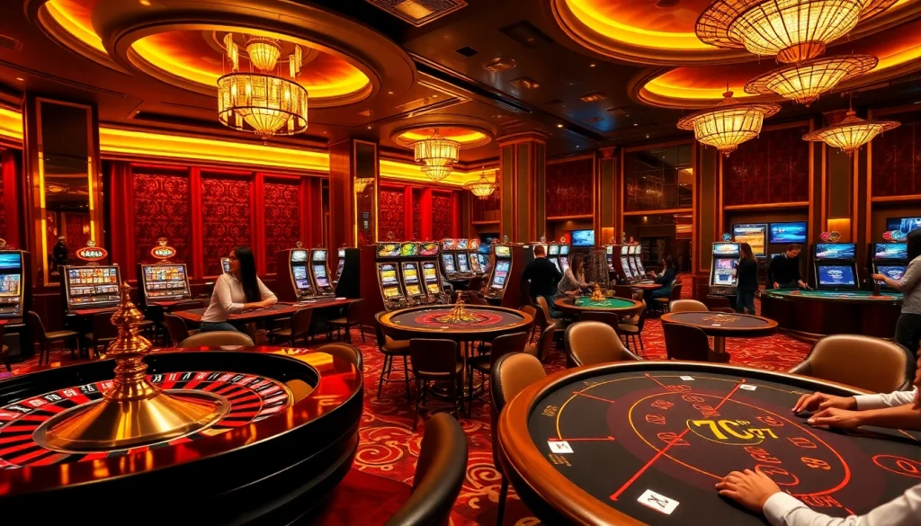 Experience the excitement of 7C77 with vibrant tables and players engaged in thrilling casino action.