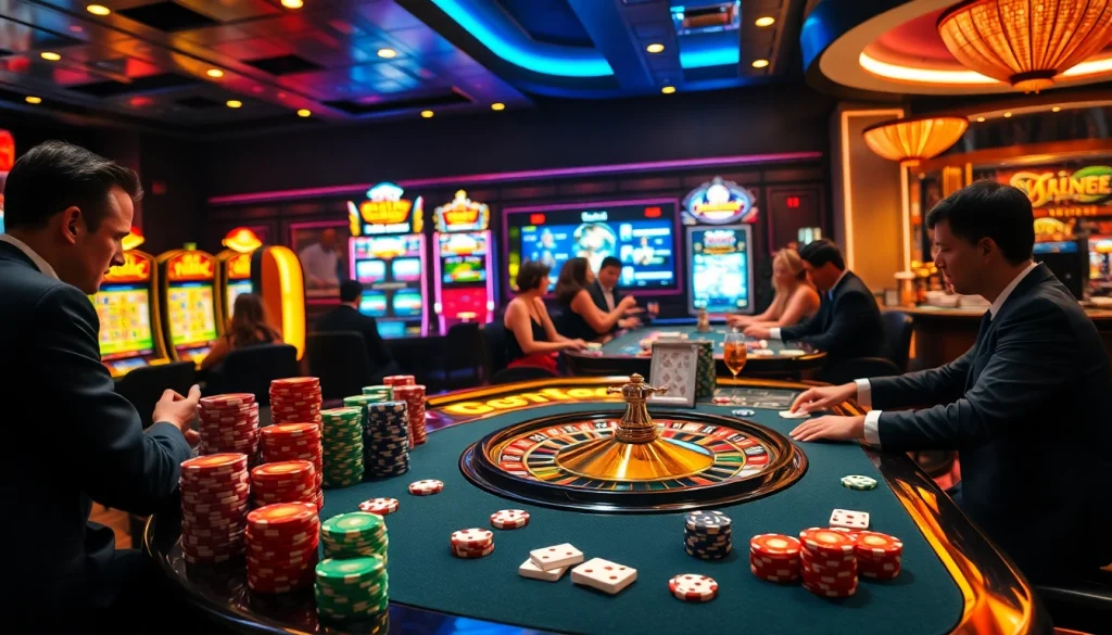 Gamble at CF789's luxurious casino featuring roulette tables and vibrant slot machines.