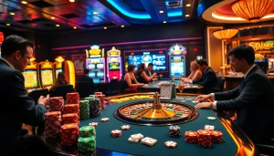 Gamble at CF789's luxurious casino featuring roulette tables and vibrant slot machines.