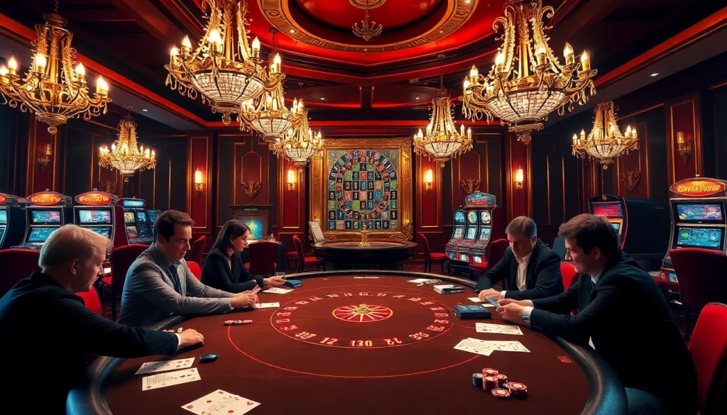 Engaging casino scene at https://cf789.lat with players enjoying poker and roulette.