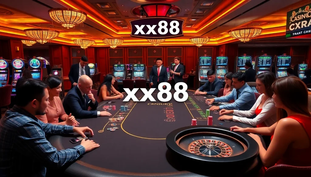 Players engaging in thrilling casino games at xx88, showcasing a vibrant and luxurious atmosphere.