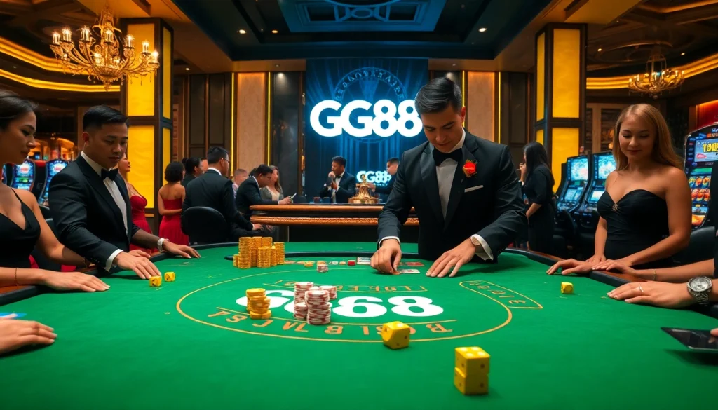 Experience the excitement of GG88 gaming at an elegant casino table surrounded by glamorous players.