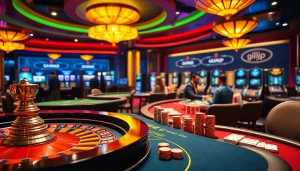 Experience exciting casino action with gilajp players engaging at roulette and poker tables.