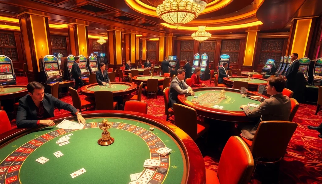 Excited players at 789club enjoying a thrilling casino experience with poker, roulette, and vibrant slot machines.